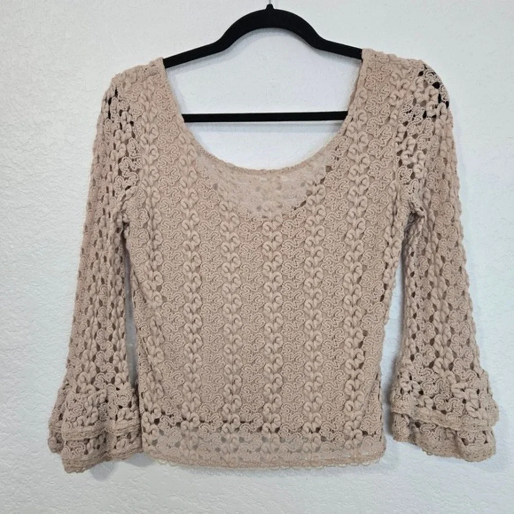 Free People Beige Crochet Bell Sleeve Top XS Boho